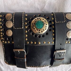 Black Leather Studded Crossbody with Turquoise Accent